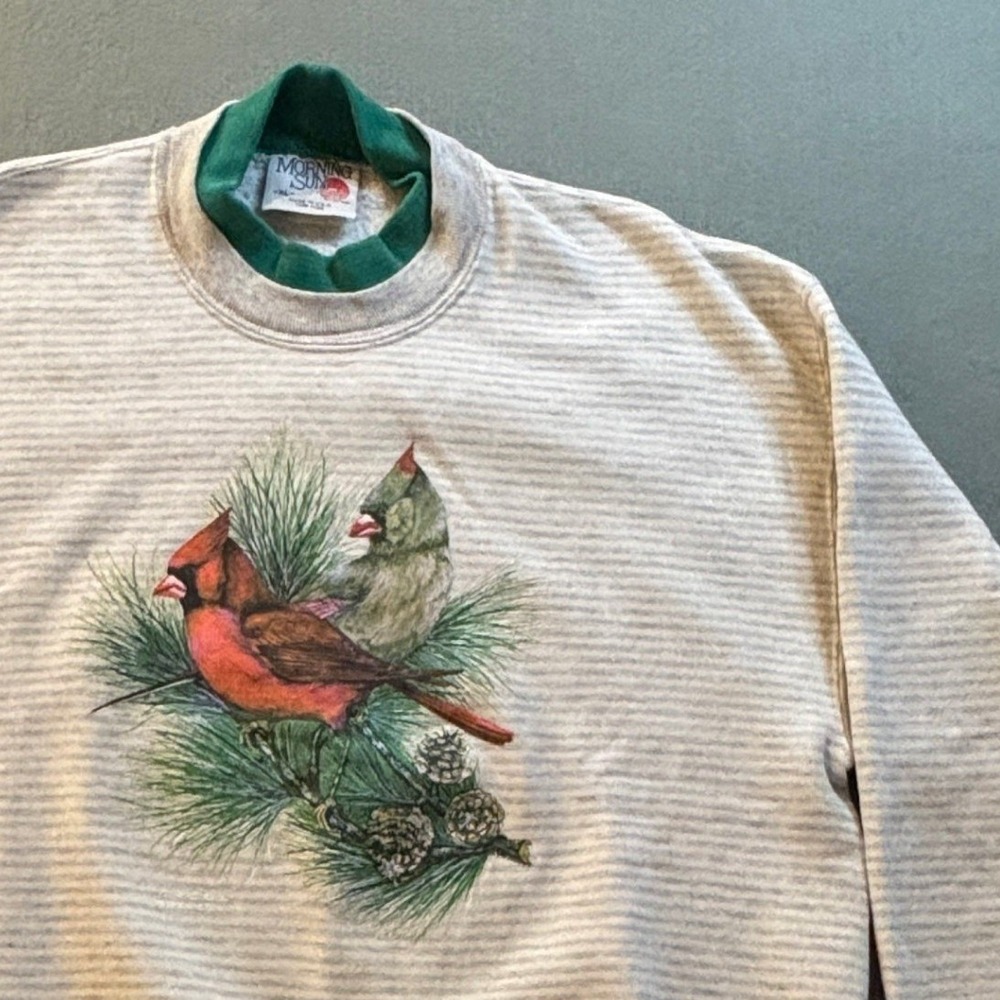 VTG Va Cardinal Bird Sweatshirt Womens XL Grey Striped Mock Neck 90s Grandmacore